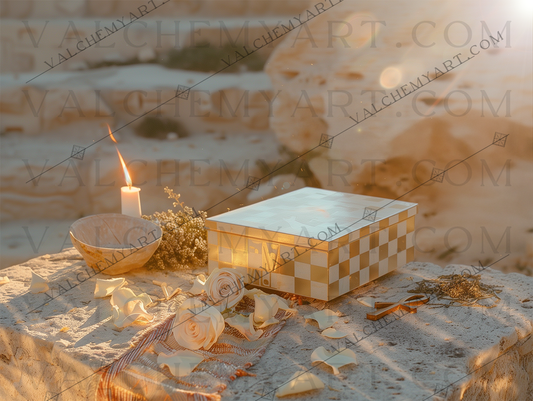 Golden Checkered Ritual Box with Candlelight and Rose Petals