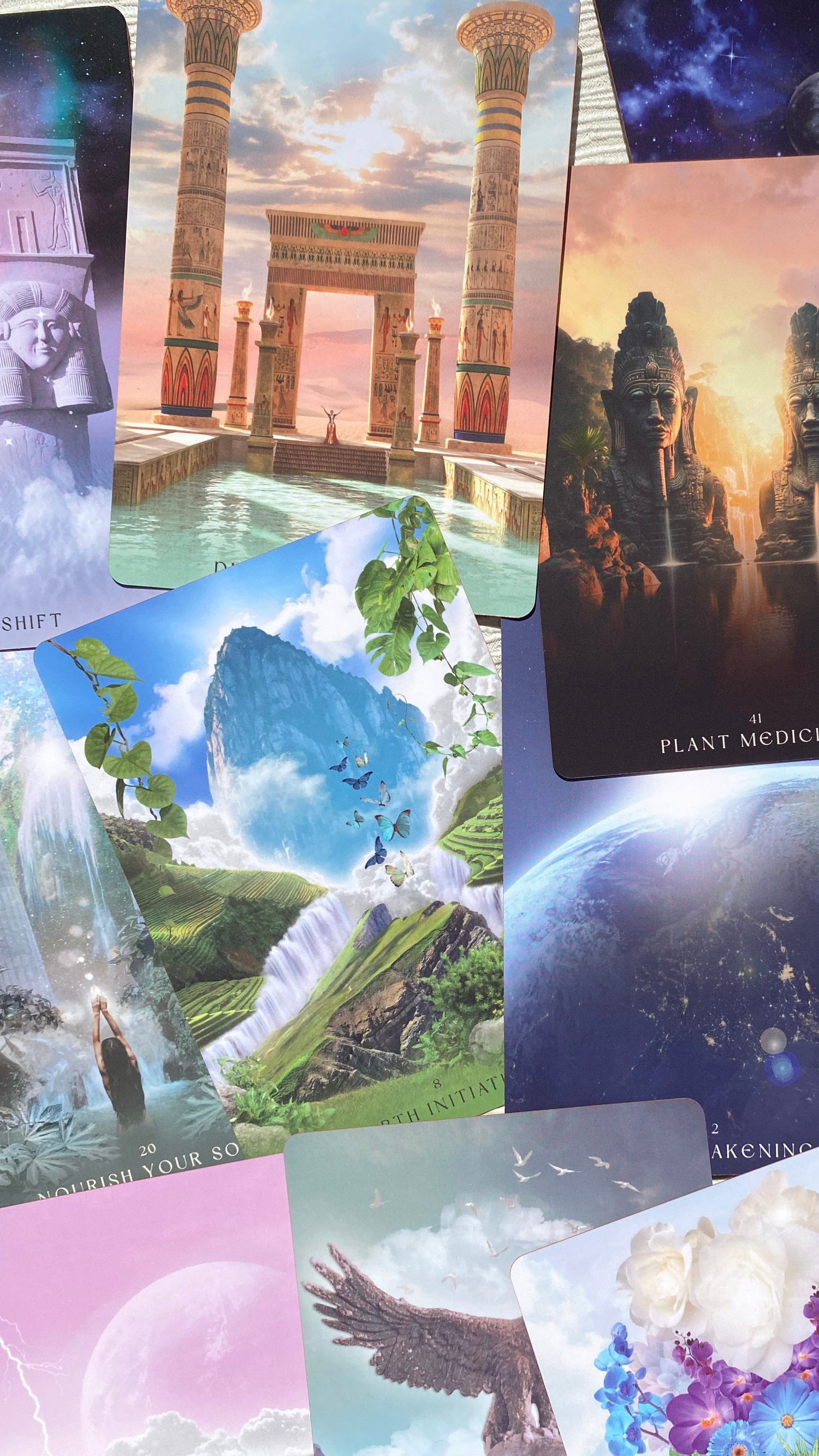 oracle cards fanned out colourful artistry and egyptian symbolism