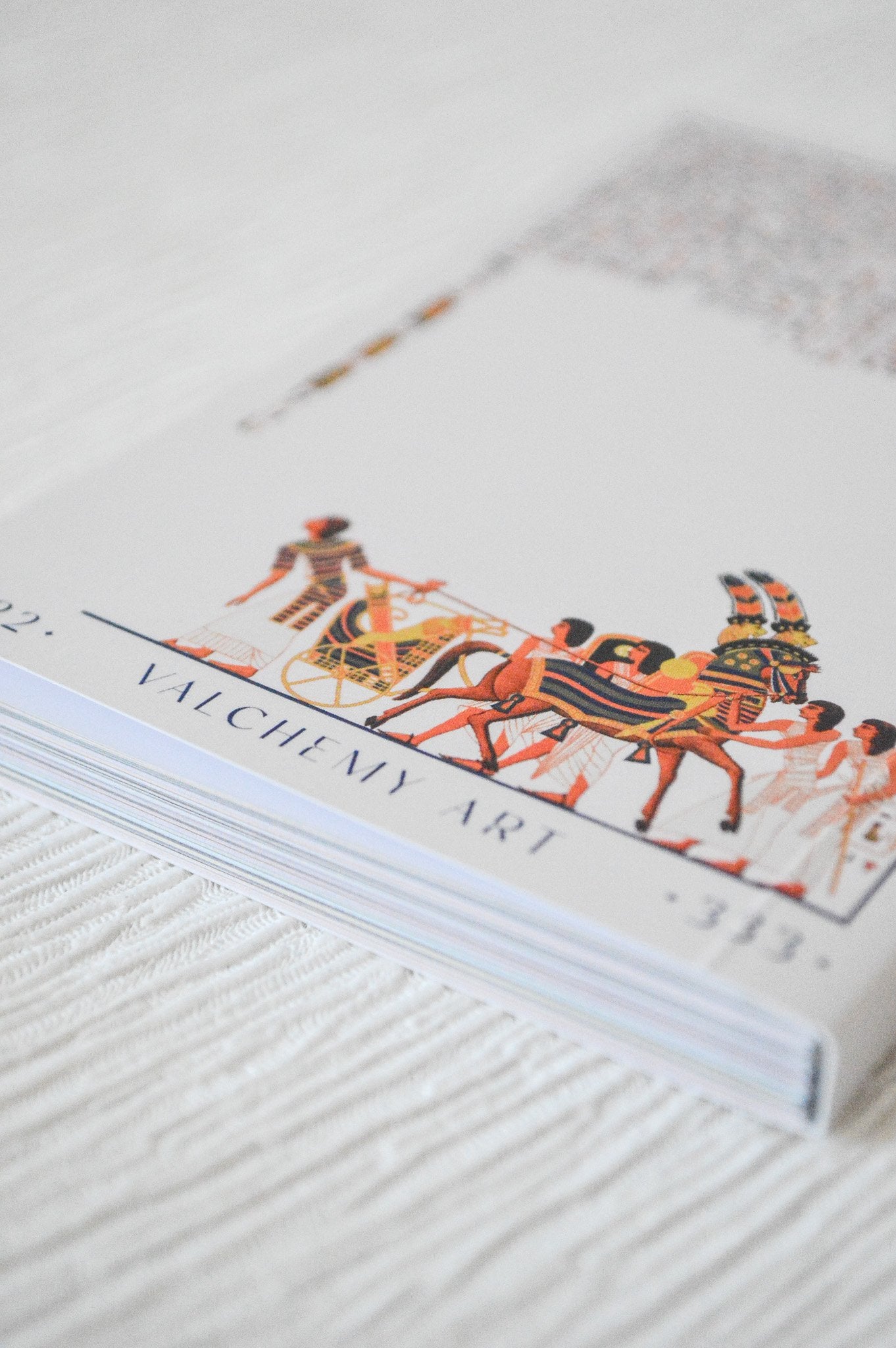 Close up of Egyptian oracle card guidebook artwork and hieroglyphs